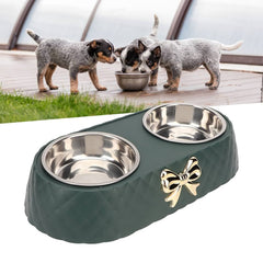 Double Bowl Cat Feeder, Plastic & Stainless Steel, White/Green