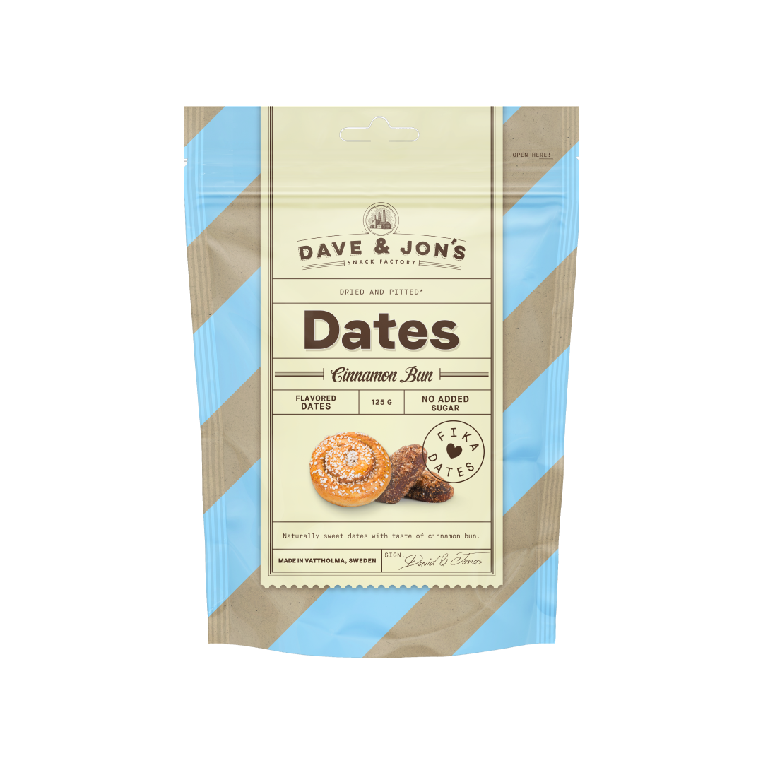 Dave & Jon's Cinnamon Bun Flavored Dates 125g packaging on a light background.