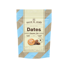 Dave & Jon's Cinnamon Bun Flavored Dates 125g packaging on a light background.