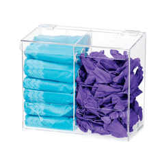 Wall mount dispenser to easily access gloves, caps, shoes covers, and other disposable protective wear. Clear design promotes early replenishment of supplies