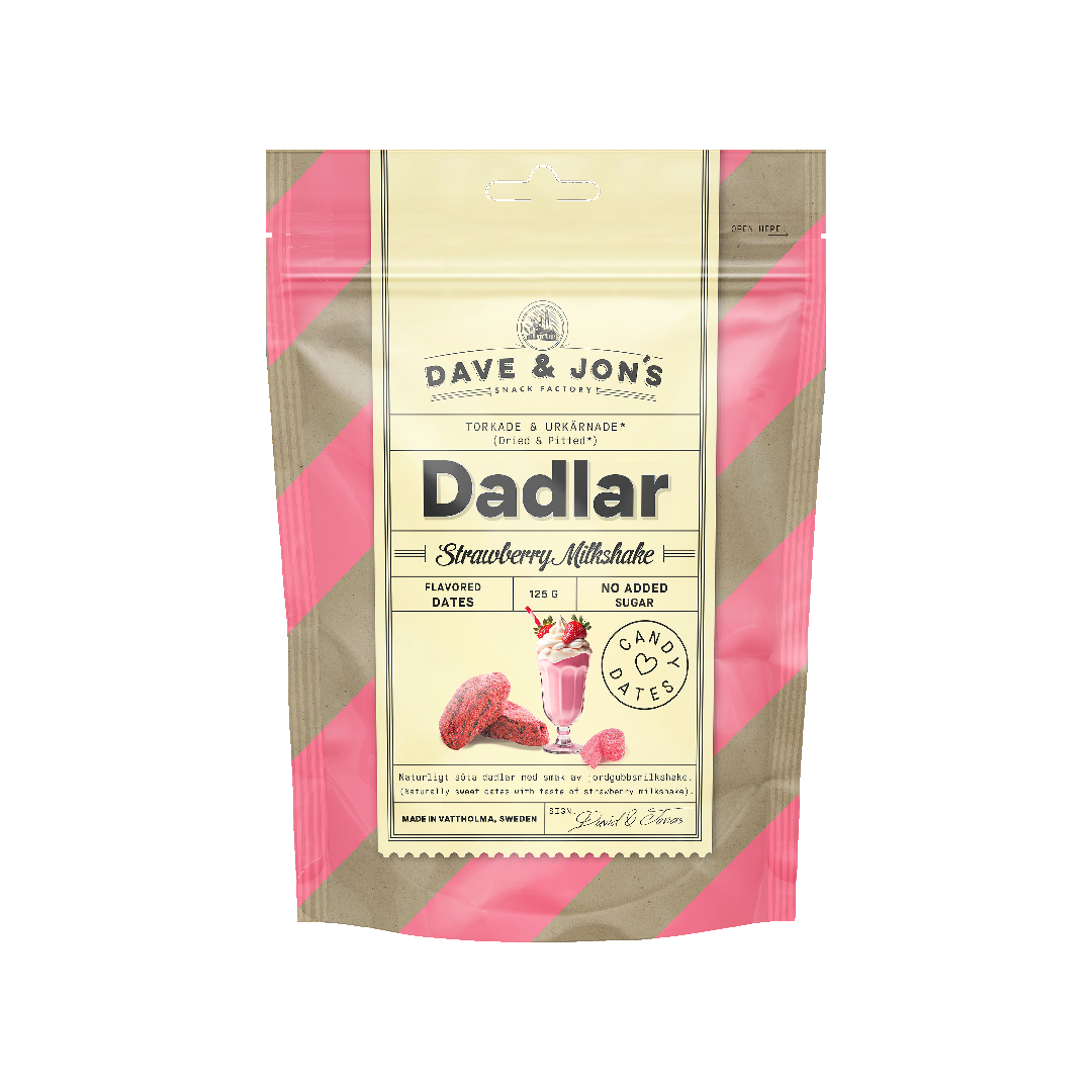 Packaging of Dave & Jon's Dates with Strawberry Milkshake, a unique healthy snack combining dates and milkshake flavor.