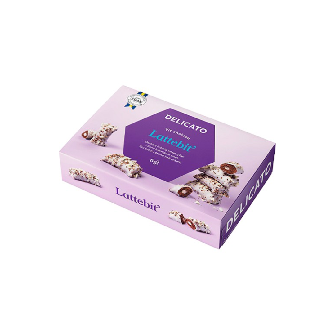 Delicato Gluten Free Latte Bites Mocha & White Chocolate box packaging, 240g, elegant design featuring loafs.
