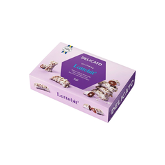 Delicato Gluten Free Latte Bites Mocha & White Chocolate box packaging, 240g, elegant design featuring loafs.