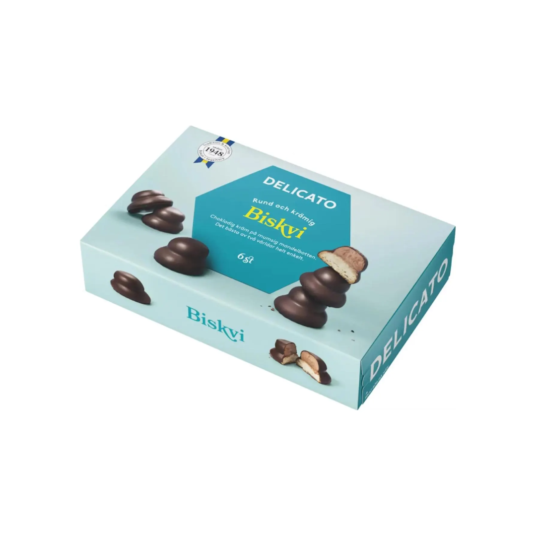 Delicato Biskvi chocolate biscuit treats box featuring rich chocolate-coated biscuits, 65g.