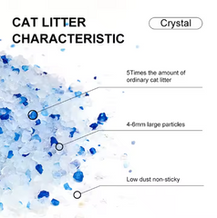Crystal Cat Pet Litter characteristics including low dust, large particles, and superior absorption.