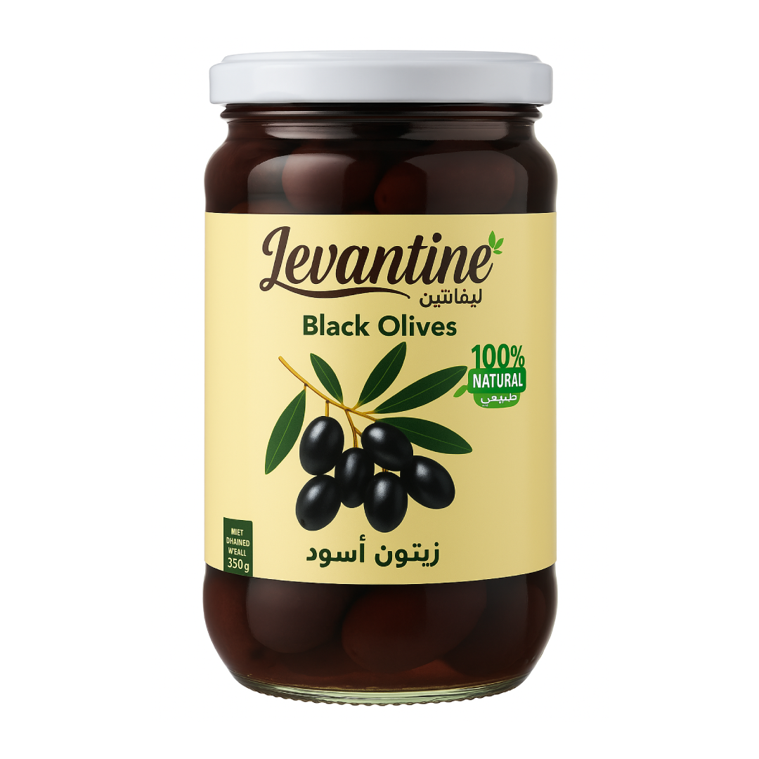 Levantine Premium Whole Black Olives in Brine – 620ml Glass Jar with rich flavor and 100% natural ingredients.