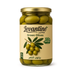 Levantine Green Olives 350g jar, 100% natural, perfect for Mediterranean recipes and healthy snacking.