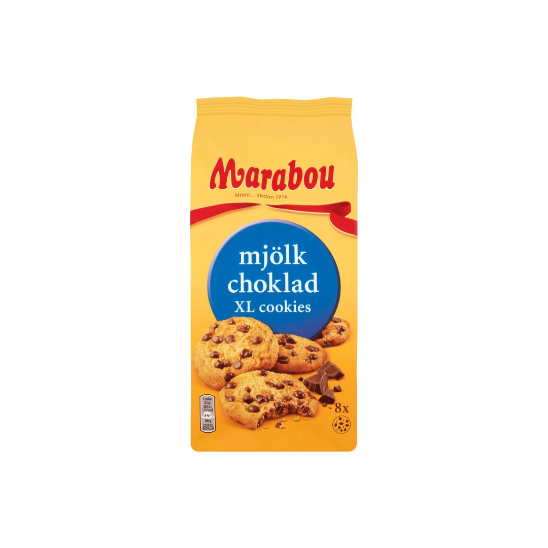 Marabou Milk Chocolate Cookies 184g bag showcasing crispy cookies with milk chocolate pieces.