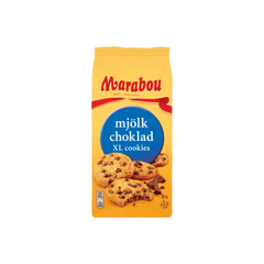 Marabou Milk Chocolate Cookies 184g bag showcasing crispy cookies with milk chocolate pieces.