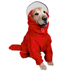 Pet Clothing Hoodie Raincoat | Azoss, a dog wearing a red waterproof hoodie raincoat with an attached hood.