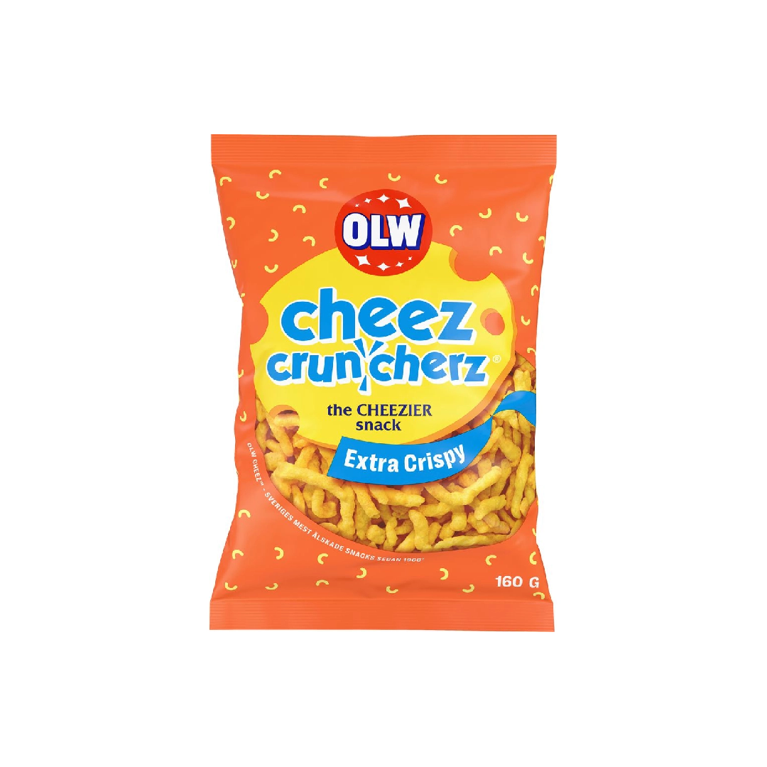 OLW Cheez Cruncherz Extra Crispy Cheese Corn Bites 160g snack packaging with bright orange and blue design.