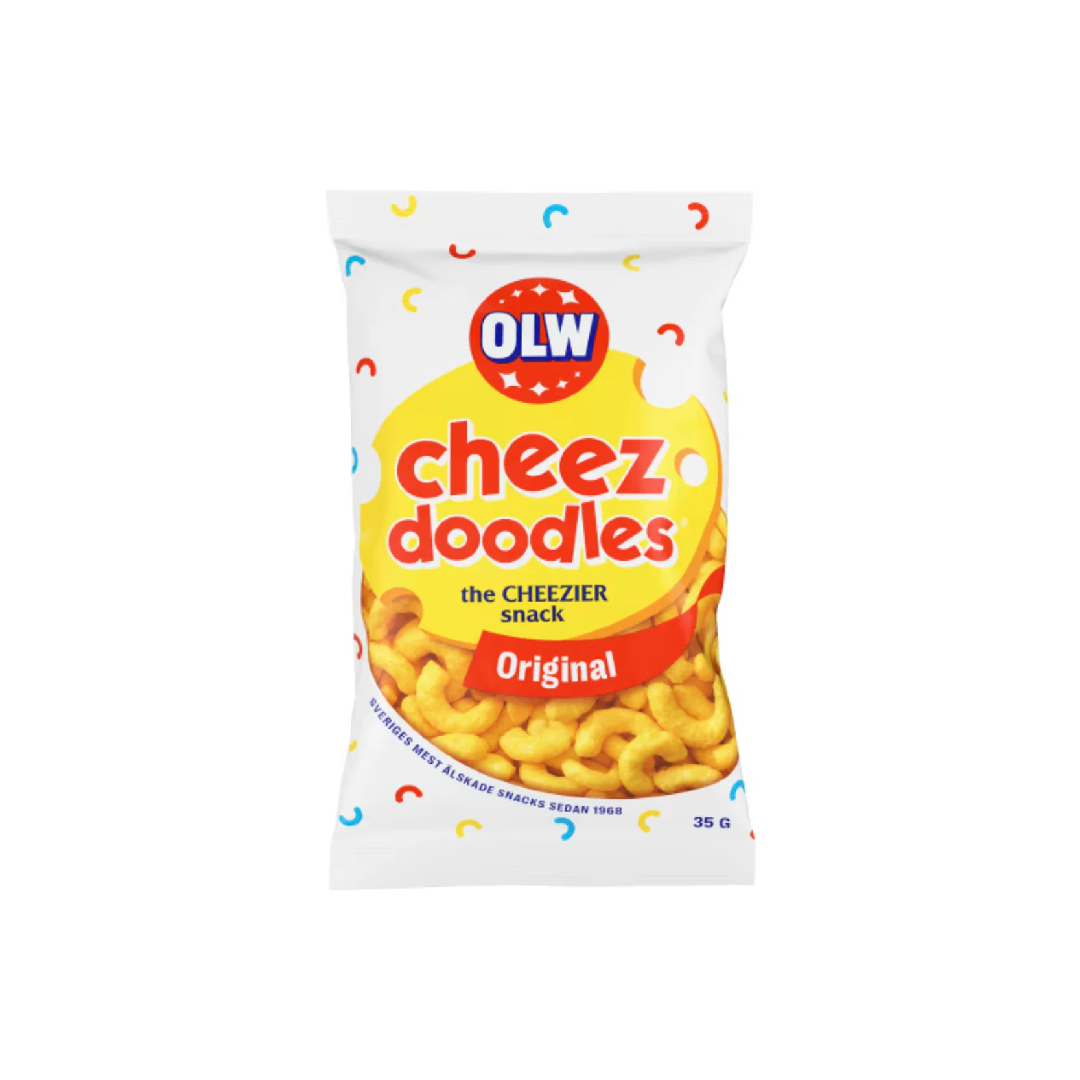 OLW Cheez Doodles Crispy Cheese Corn Puffs 35g packaging with colorful design for perfect snacking.
