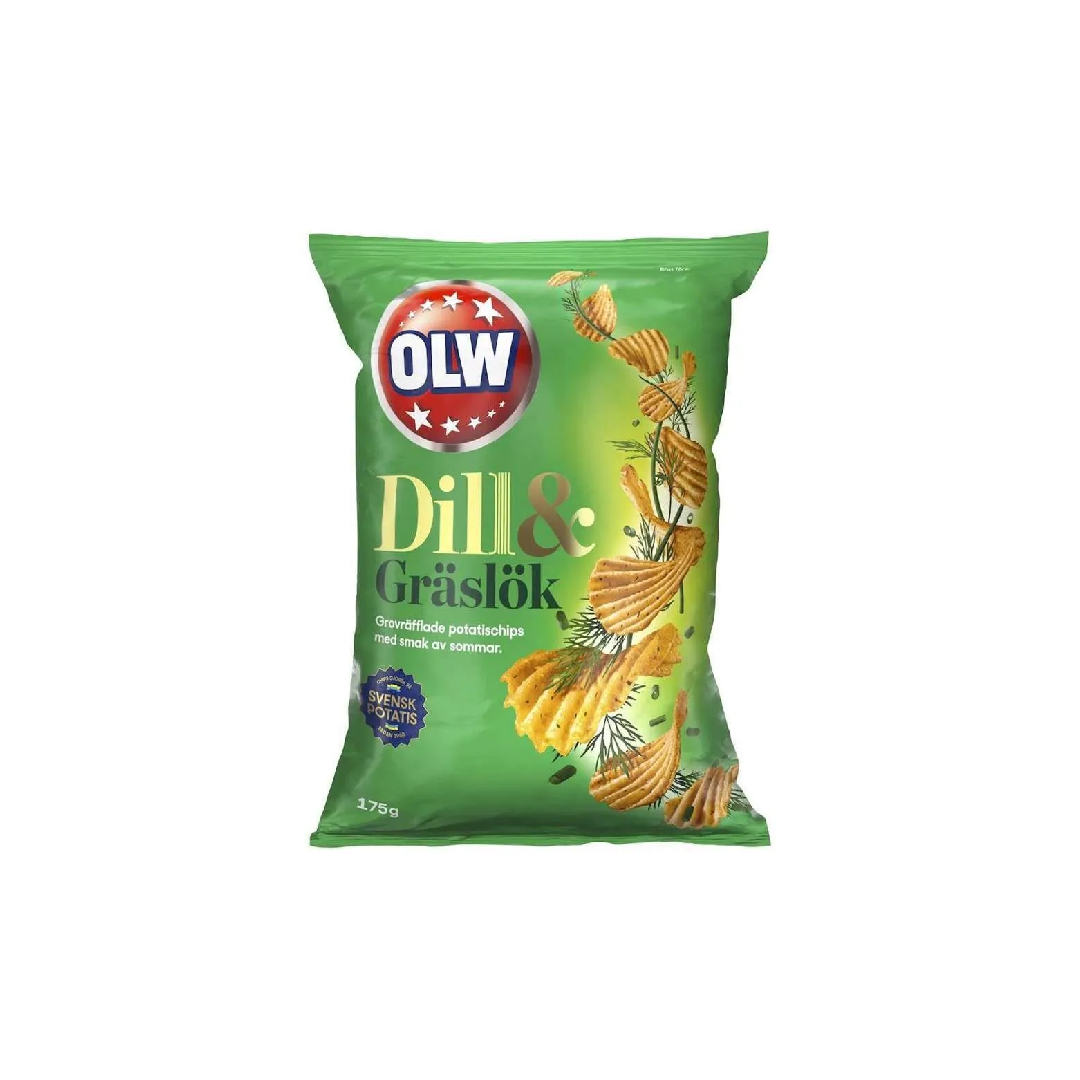 OLW Potato Chips Dill & Chive Flavor 175g bag, featuring a green design with dill and chive illustrations.