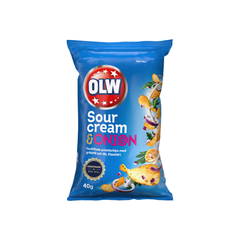 OLW Potato Chips Sour Cream & Onion 40g bag, featuring ridged chips with tangy flavor and classic branding.