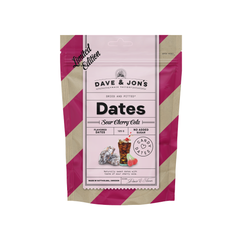 Dave & Jon's Sour Cherry Cola Flavor Dates 125g packaging with vibrant design and no added sugar.