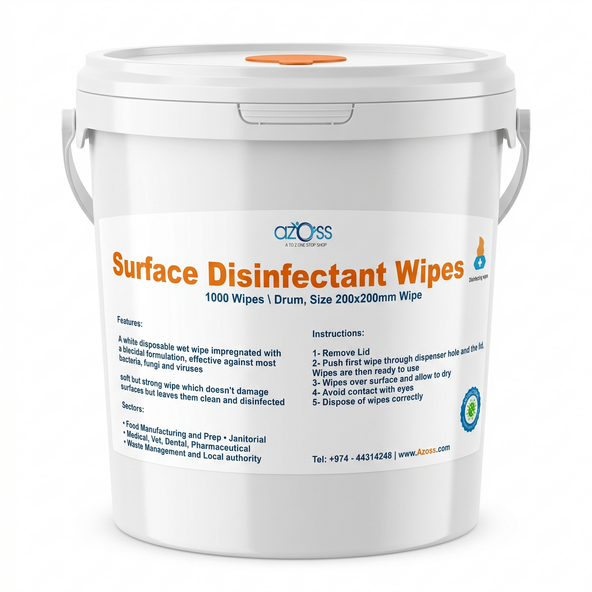Azoss | Heavy Duty  Disinfectant Surface Wipes, Blue, 1000 Wipes