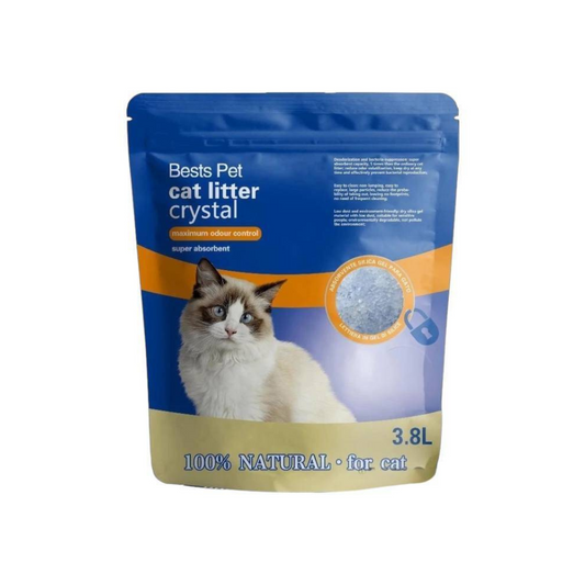 Crystal Cat Pet Litter package showcasing superior odor control and high absorption for cats, 3.8L size.