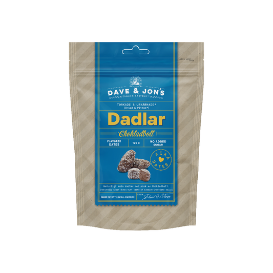 Dave & Jon's Dates with Taste of Swedish Chocolate Balls packaging showcasing premium flavored dates.