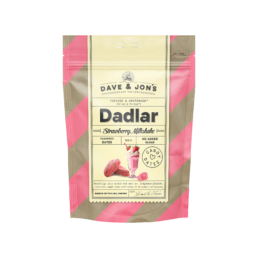 Packaging of Dave & Jon's Dates with Strawberry Milkshake, a unique healthy snack combining dates and milkshake flavor.