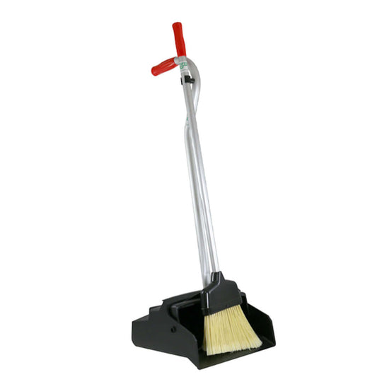 Ergo dust pan with broom for quick and thorough waste removal.  Ergonomic and convenient. Dust pan opens when raised and retains the waste.