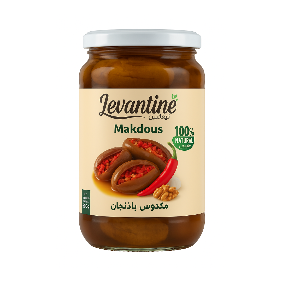 Levantine Premium Makdous Eggplants Stuffed Walnuts Red Pepper 600ml Glass Jar