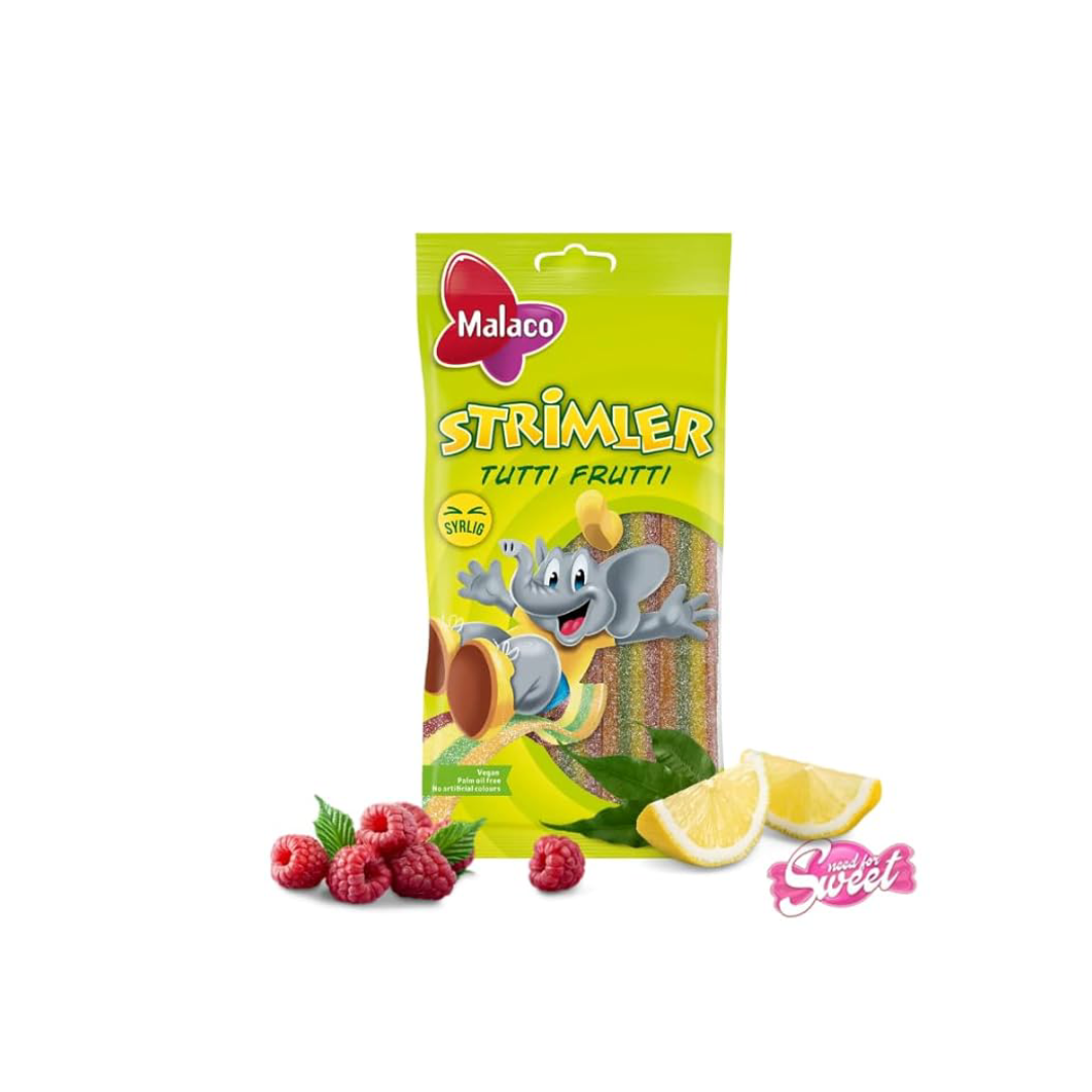 Malaco Strimler Tutti Frutti Sour Candy Strips – 80g Bag