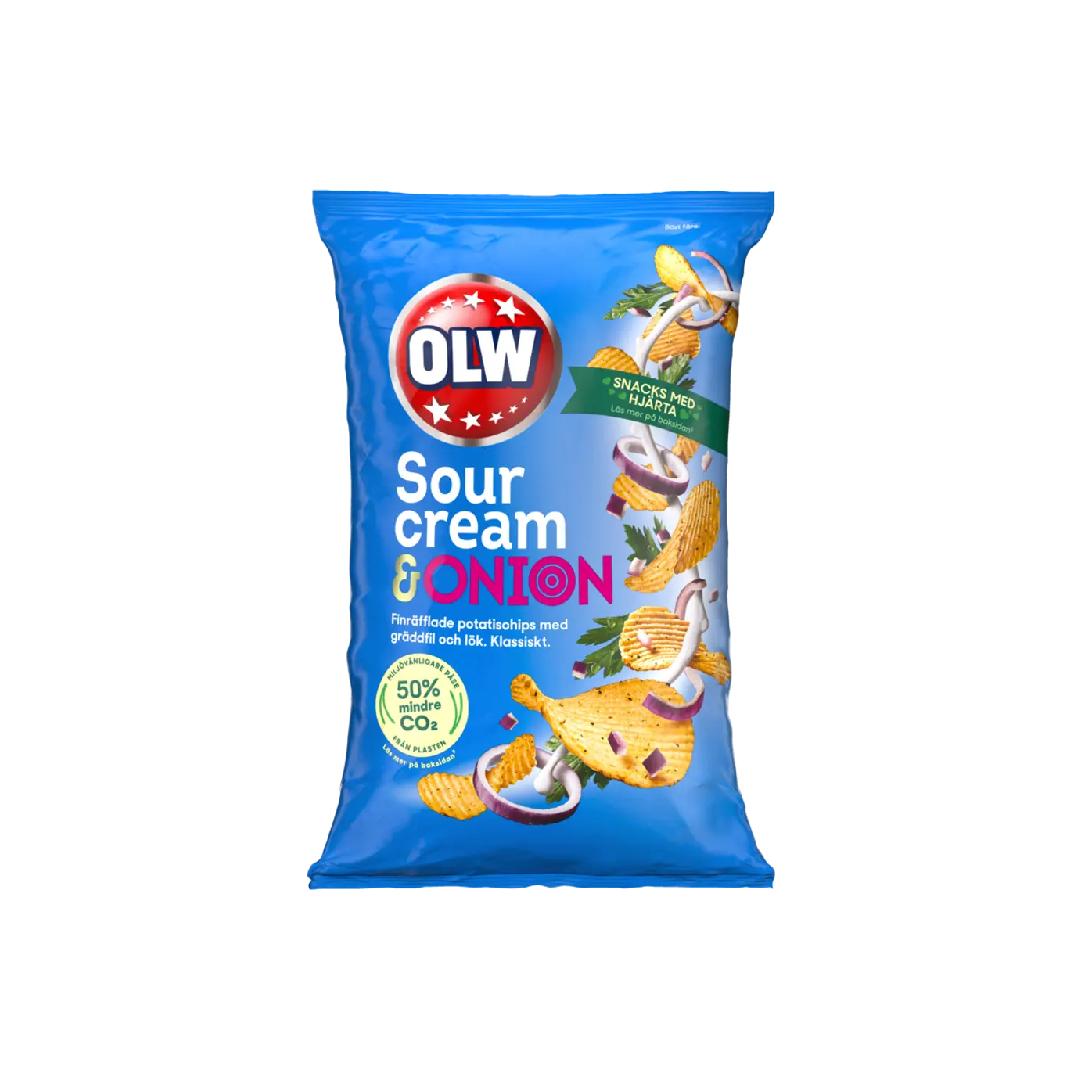 OLW Potato Chips Sour Cream & Onion Flavor 175g Family Bag, featuring a blue packaging design with vibrant colors.