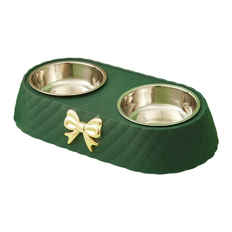 Double Bowl Cat Feeder, Plastic & Stainless Steel, White/Green
