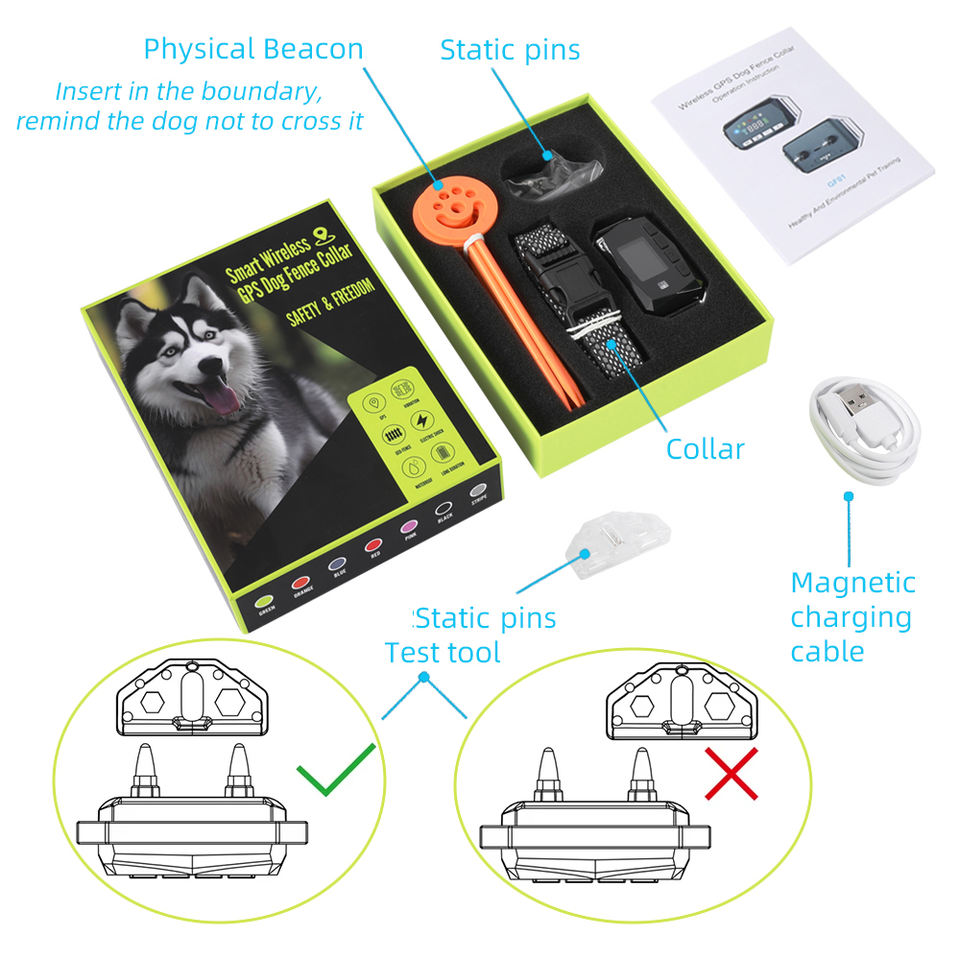 GF01 collar kit with charging cable, test tool, contact pins and boundary markers